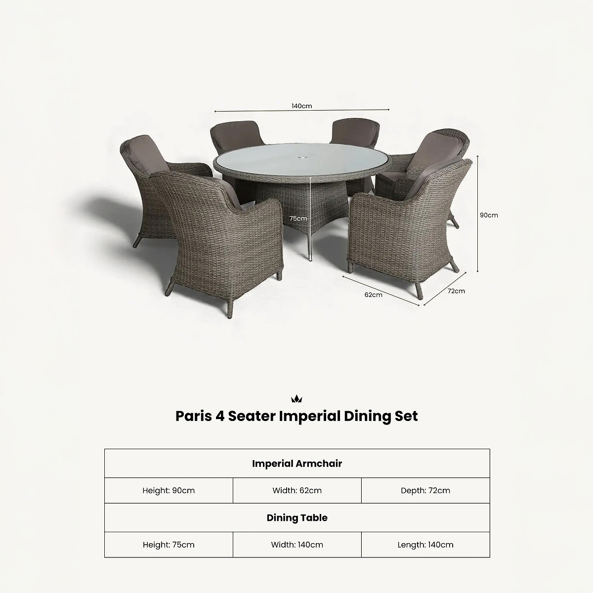 Paris 6 Seat 140cm Lux Rattan Dining Set dimensions