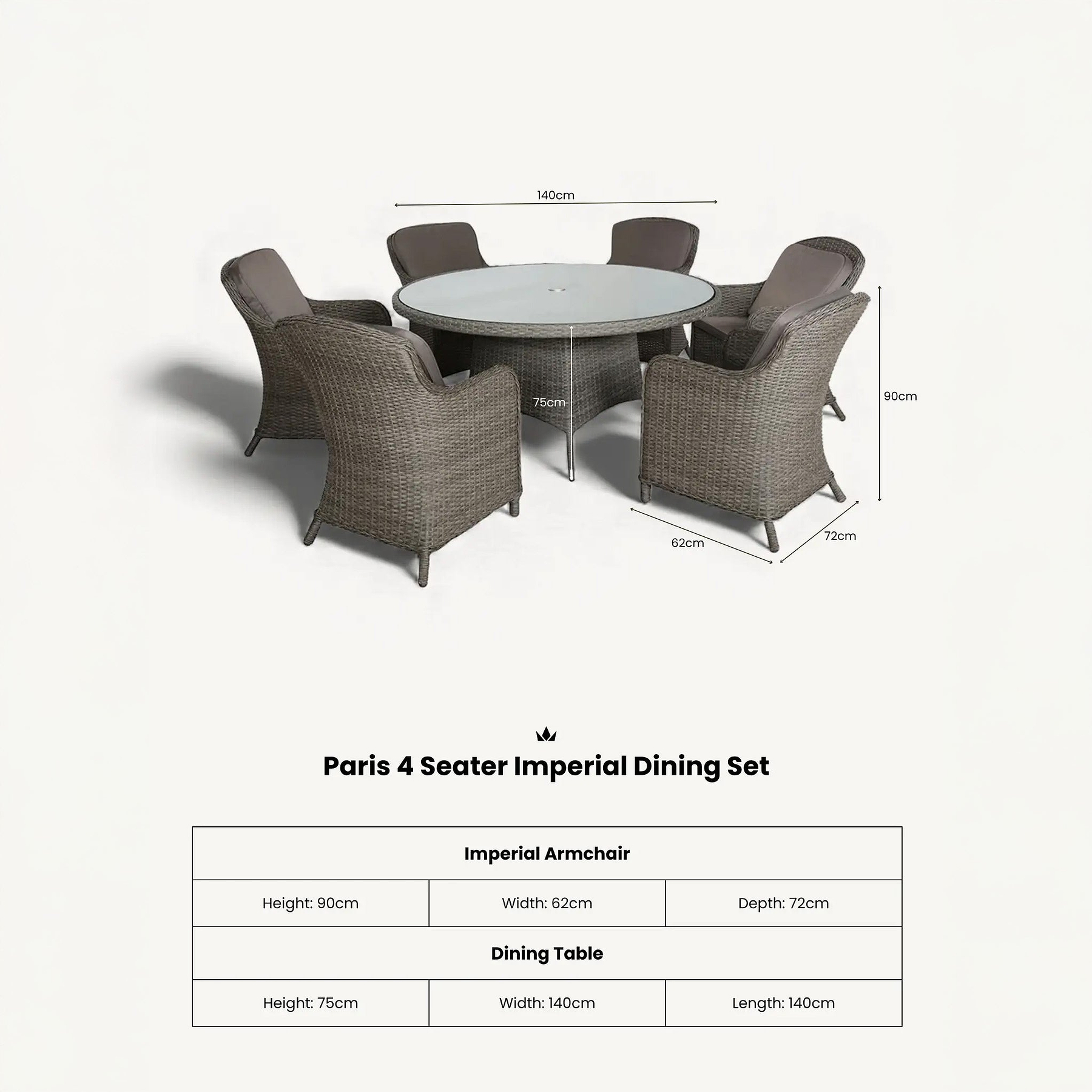 Paris 6 Seat 140cm Lux Rattan Dining Set dimensions