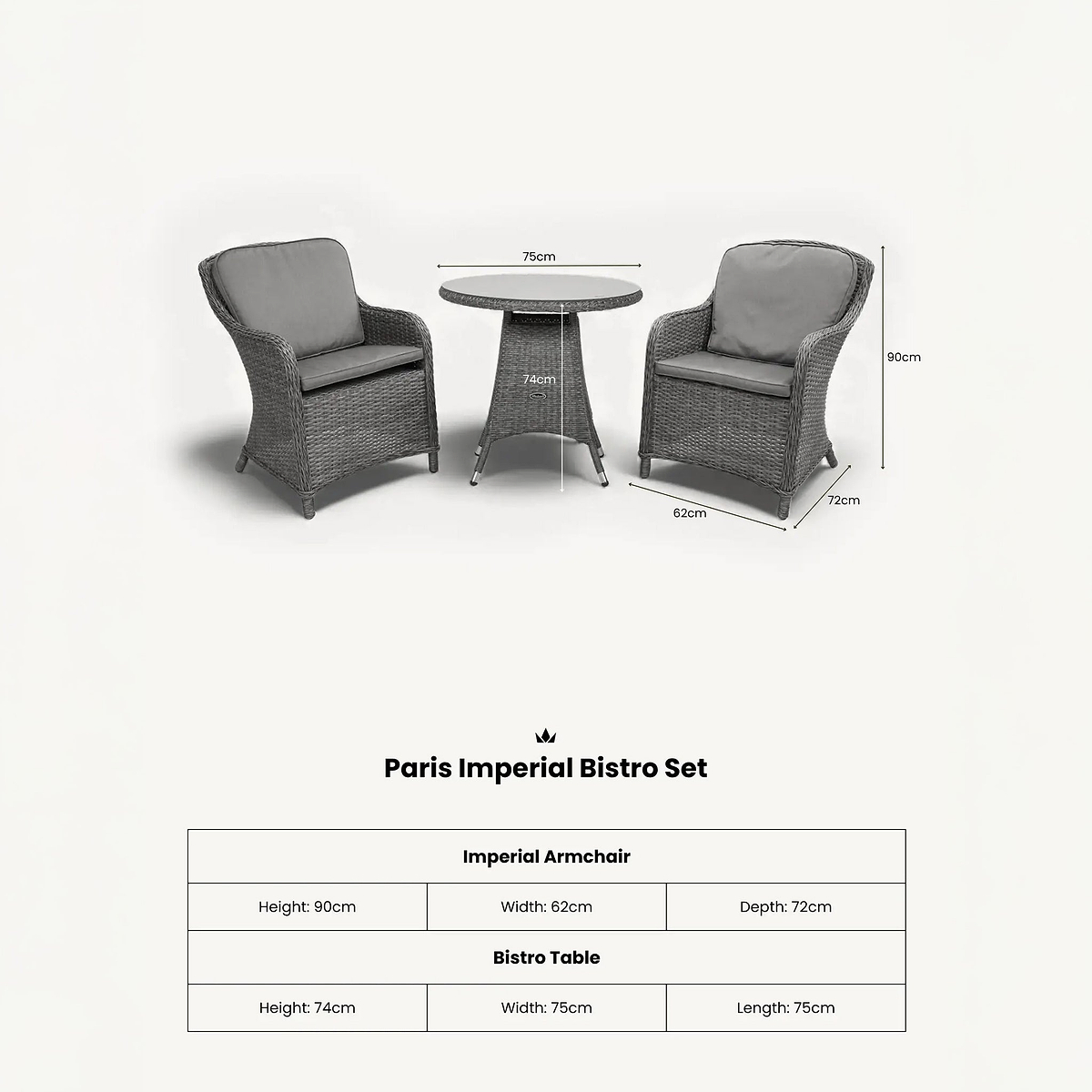 Paris 2 Seat Lux Rattan Bistro Set dimensions