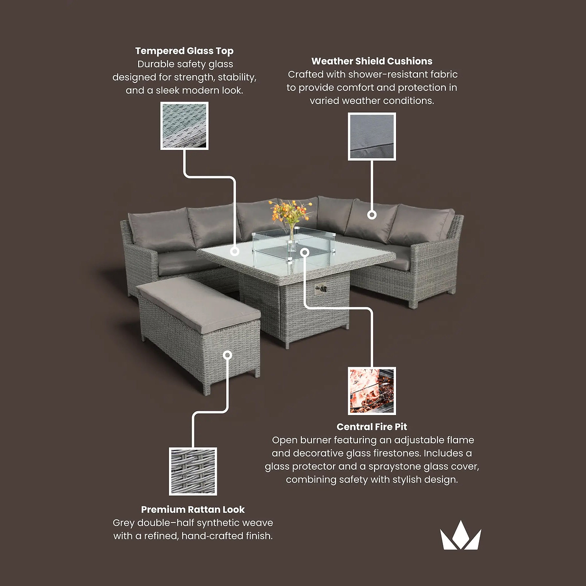 Paris 120cm Fire Pit Dine or Lounge Rattan Set with Bench
