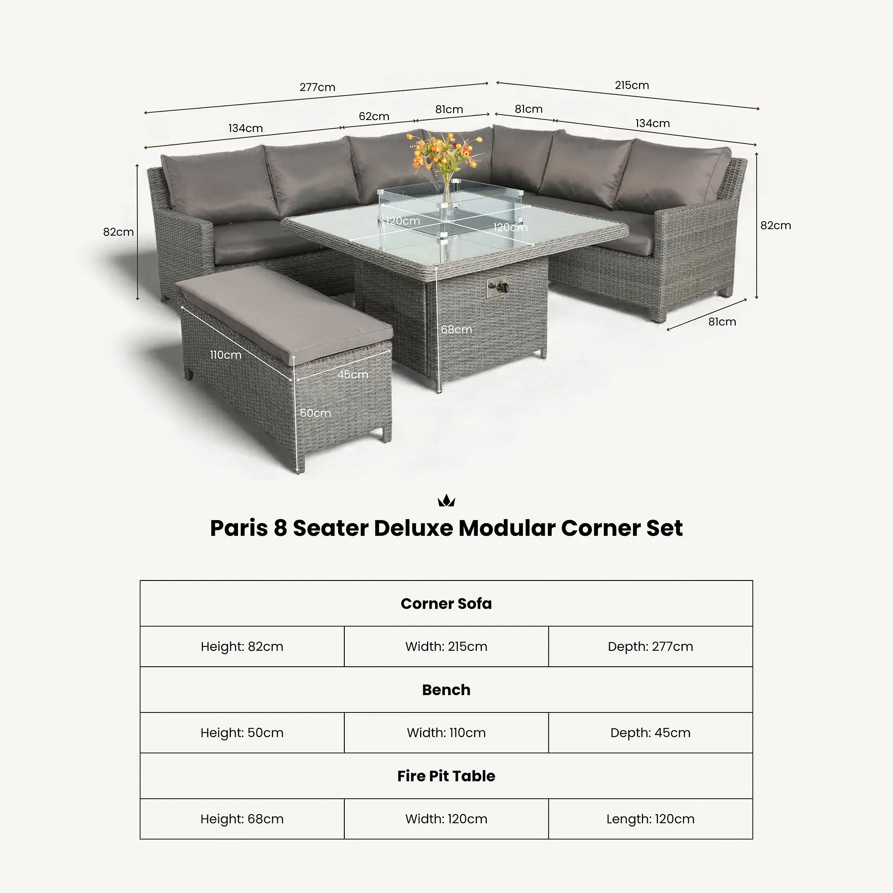 Paris 120cm Fire Pit Dine or Lounge Rattan Set with Bench dimensions