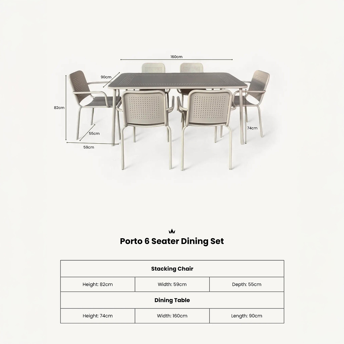 Porto 6 Seater Rectangular Dining Set dimensions