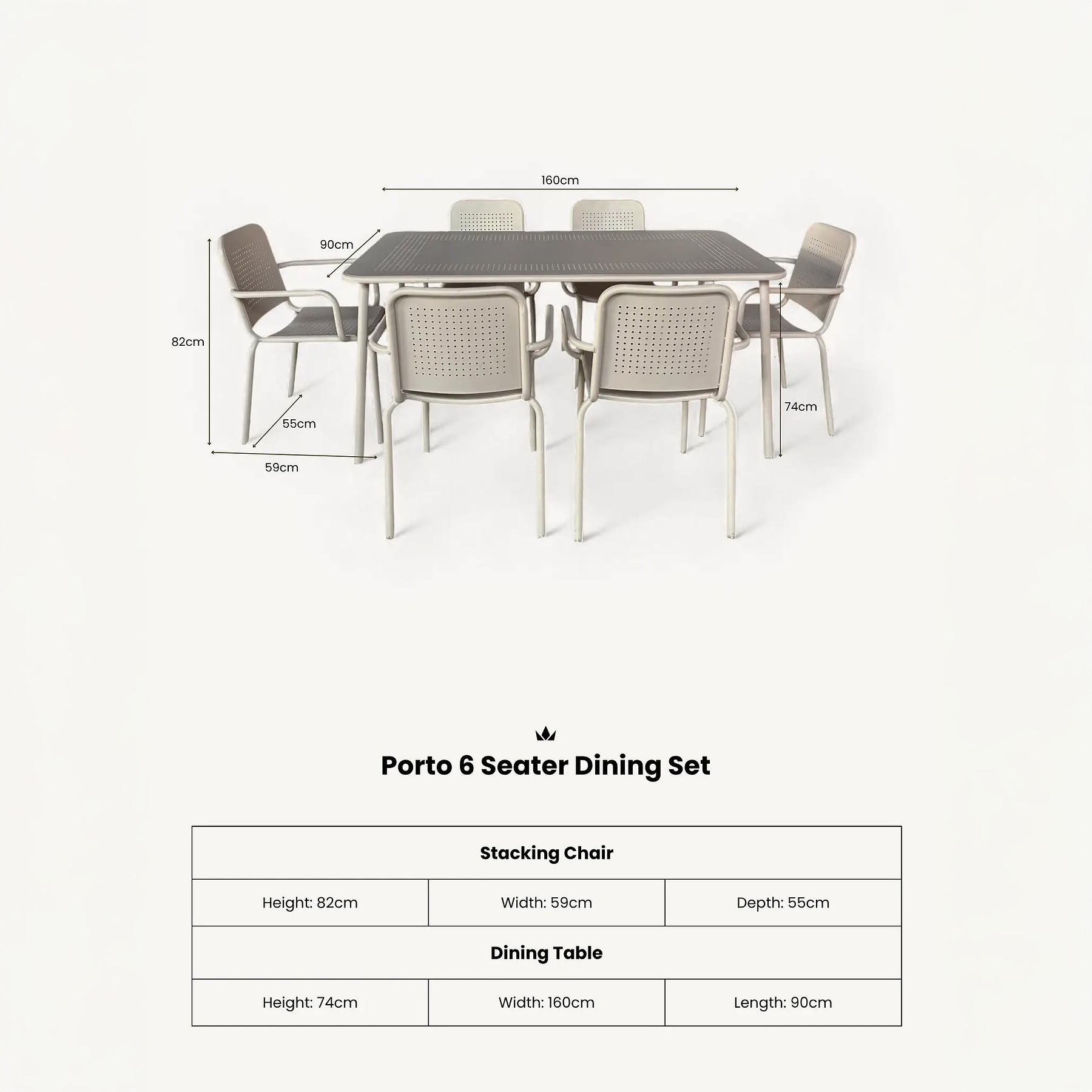 Porto 6 Seater Rectangular Dining Set dimensions
