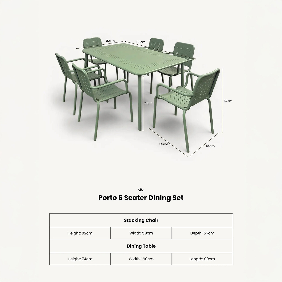 Porto Olive 6 Seater Rectangular Dining Set dimensions