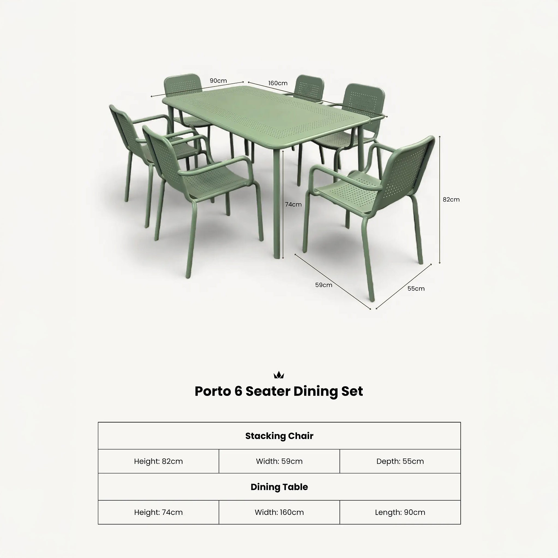 Porto Olive 6 Seater Rectangular Dining Set dimensions