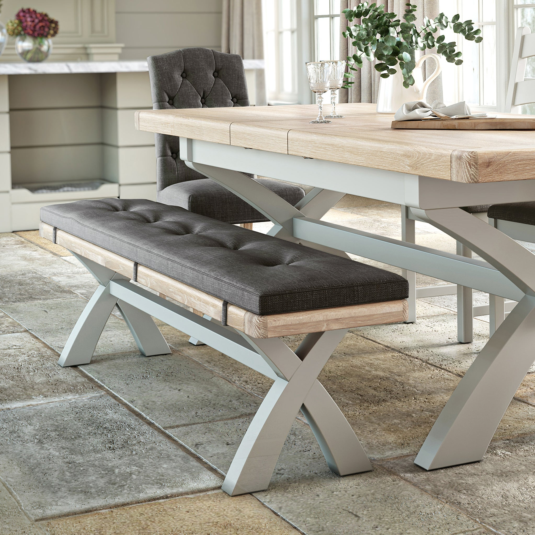 Penzance Stone Grey Cross Leg Bench with Cushion from Roseland Furniture