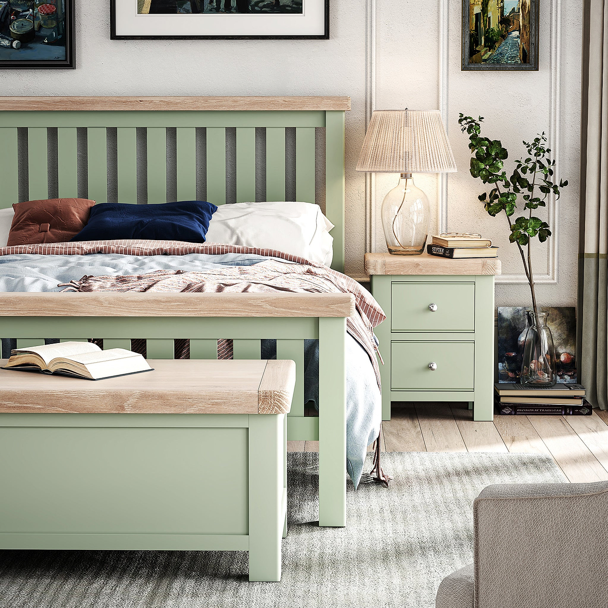 Penzance Sage Green 2 Drawer Bedside Table for bedroom