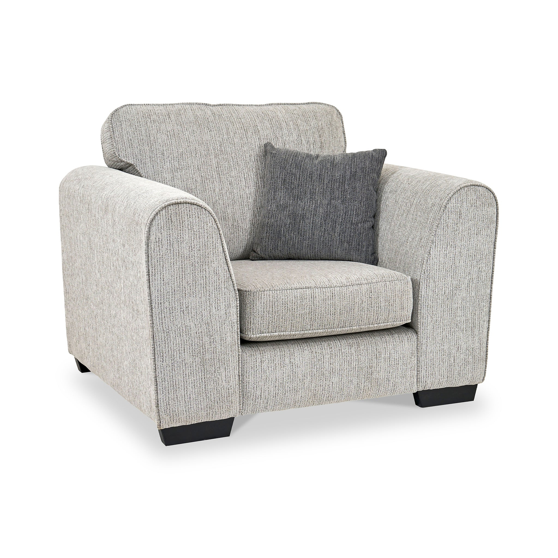 Thornby Standard Armchair Light Grey Charcoal from Roseland postitioned at an angle highlighting the black legs and textured details of the armchair with simple piping around the edges and a grey cushionFurniture