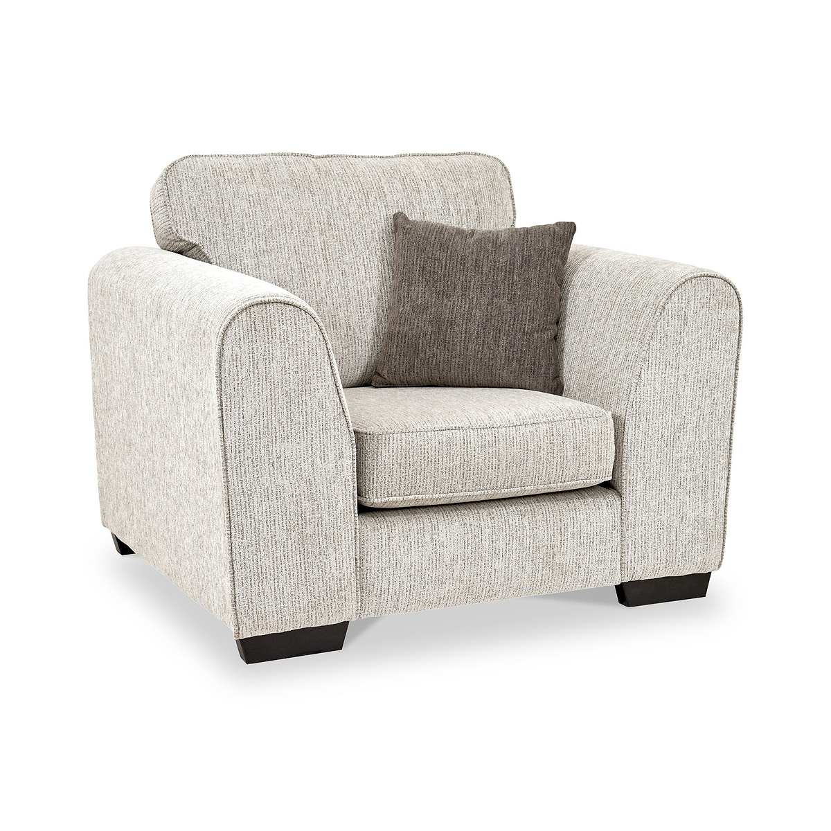 Thornby Standard Armchair Natural Mink from Roseland Furniture postitioned at an angle highlighting the black legs and textured details of the armchair with simple piping around the edges and a brown cushion