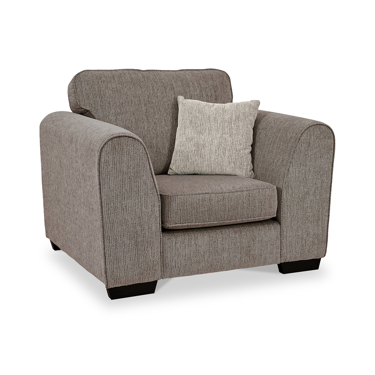 Thornby Standard Armchair Mink Natural from Roseland Furniture postitioned at an angle highlighting the black legs and textured details of the armchair with simple piping around the edges and a mink cushion
