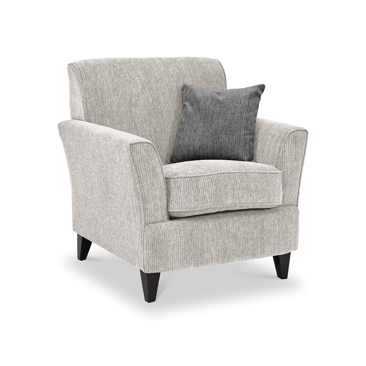 Thornby Accent Chair Charcoal Light Grey from Roseland Furniture postitioned at an angle highlighting the black legs and textured details of the armchair with simple piping around the edges and a grey cushion