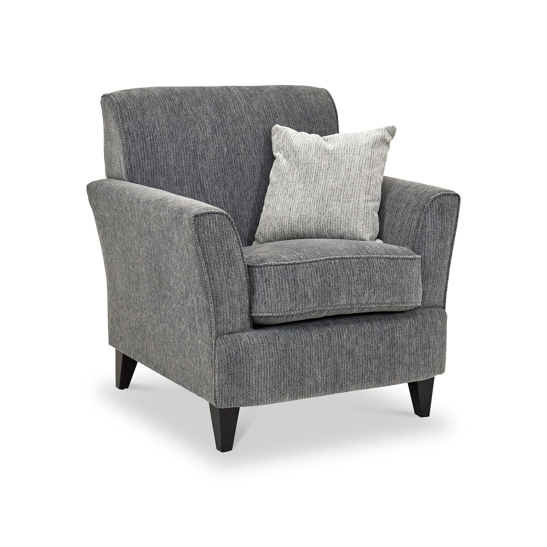 Thornby Accent Chair Charcoal Light Grey from Roseland Furniture postitioned at an angle highlighting the black legs and textured details of the armchair with simple piping around the edges and a light grey cushion