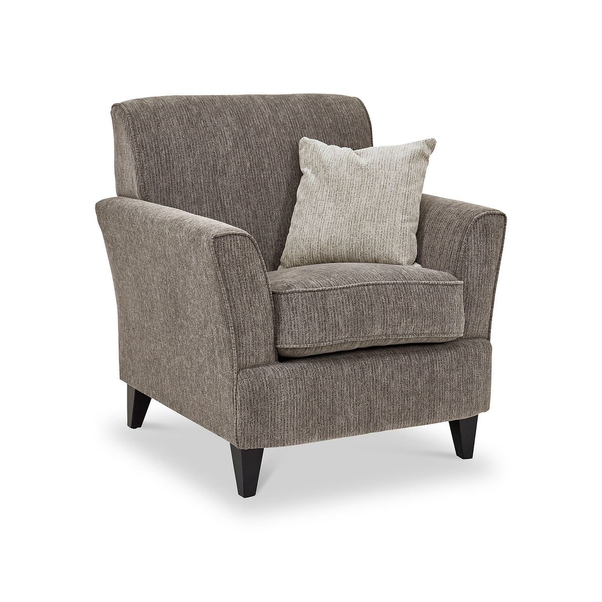 Thornby Accent Chair Mink Naural from Roseland Furniture postitioned at an angle highlighting the black legs and textured details of the armchair with simple piping around the edges and a mink cushion