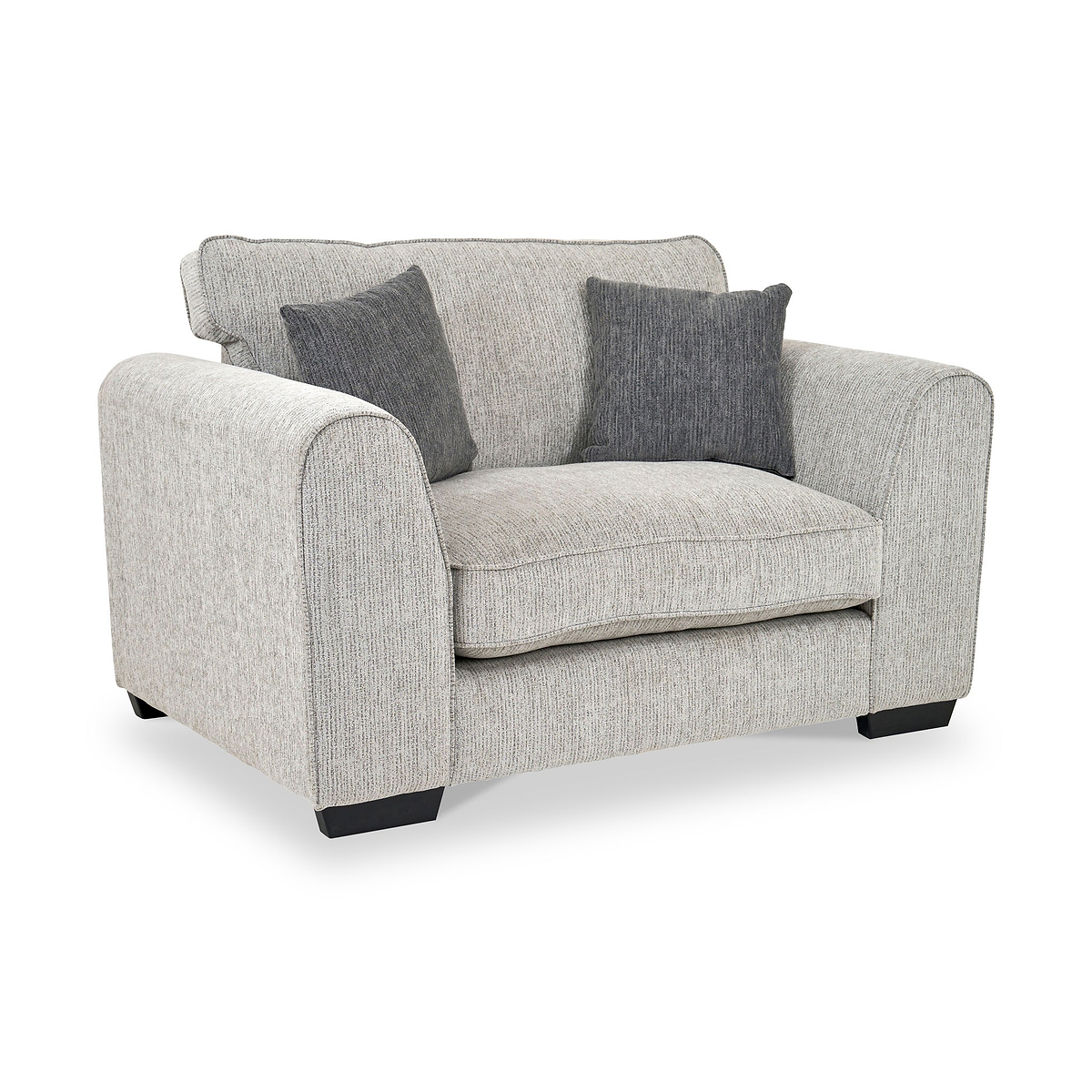Thornby Snuggle Chair Light Grey Charcoal from Roseland Furniture postitioned at an angle highlighting the black legs and textured details of the armchair with simple piping around the edges and 2 grey cushions