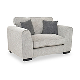 Thornby Snuggle Chair Light Grey Charcoal from Roseland Furniture postitioned at an angle highlighting the black legs and textured details of the armchair with simple piping around the edges and 2 grey cushions