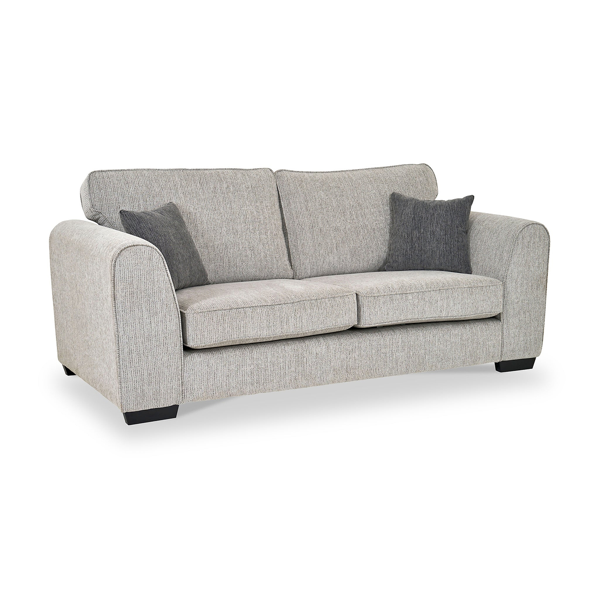 Thornby 3 Seater Sofa Light Grey Charcoal from Roseland Furniture postitioned at an angle highlighting the black legs and textured details of the sofa with simple piping around the edges and two grey cushions.