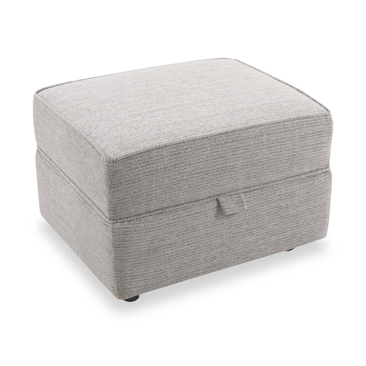 Thornby Storage Footstool Light Grey Charcoal from Roseland Furniture positioned at an angle to display the black legs and the texture of the footstool