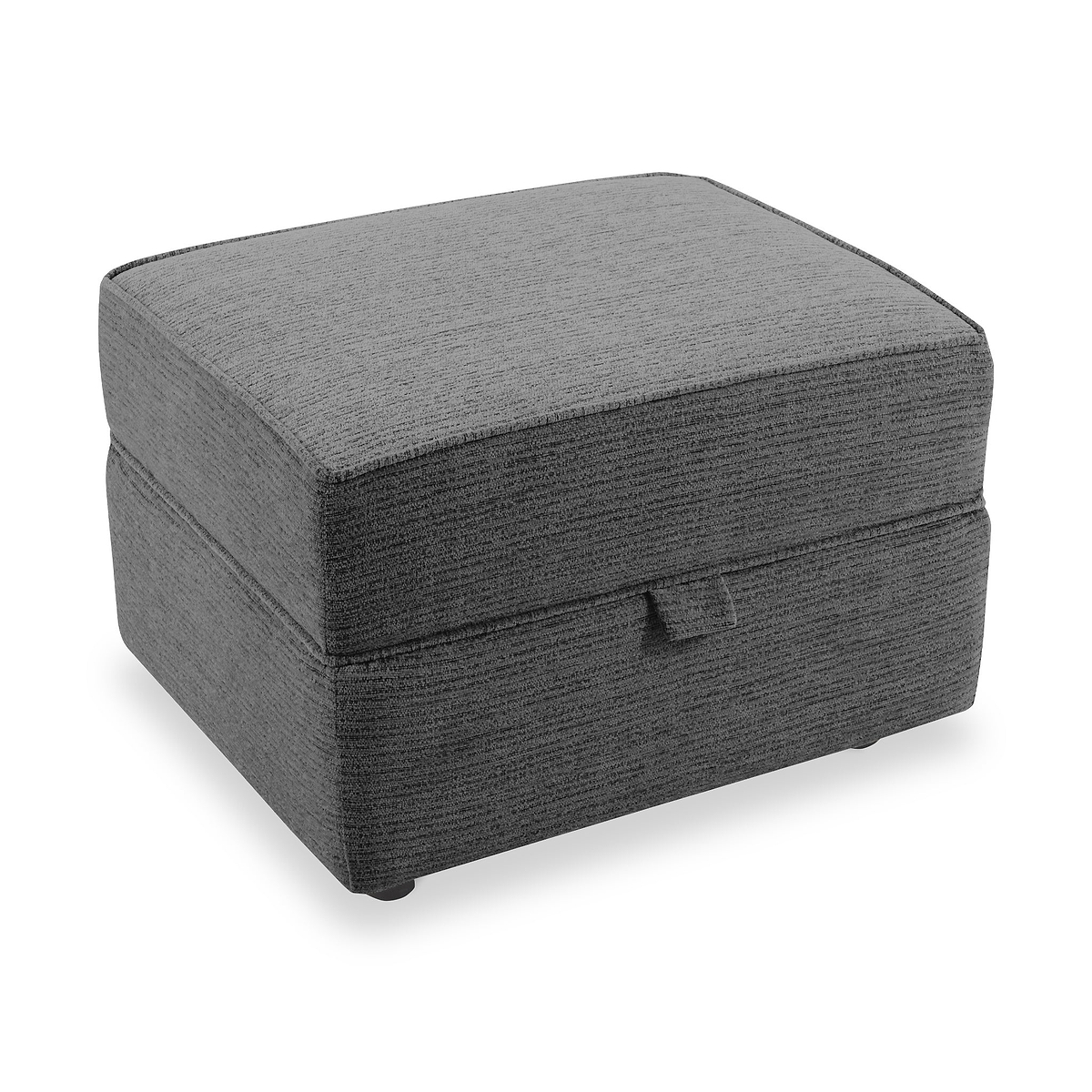 Thornby Storage Footstool Charcoal from Roseland Furniture positioned at an angle to display the black legs and the texture of the footstool