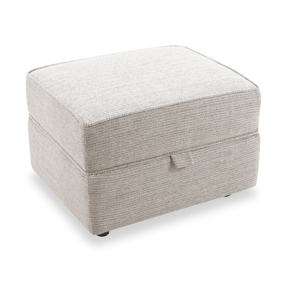 Thornby Storage Footstool Natural from Roseland Furniture positioned at an angle to display the black legs and the texture of the footstool