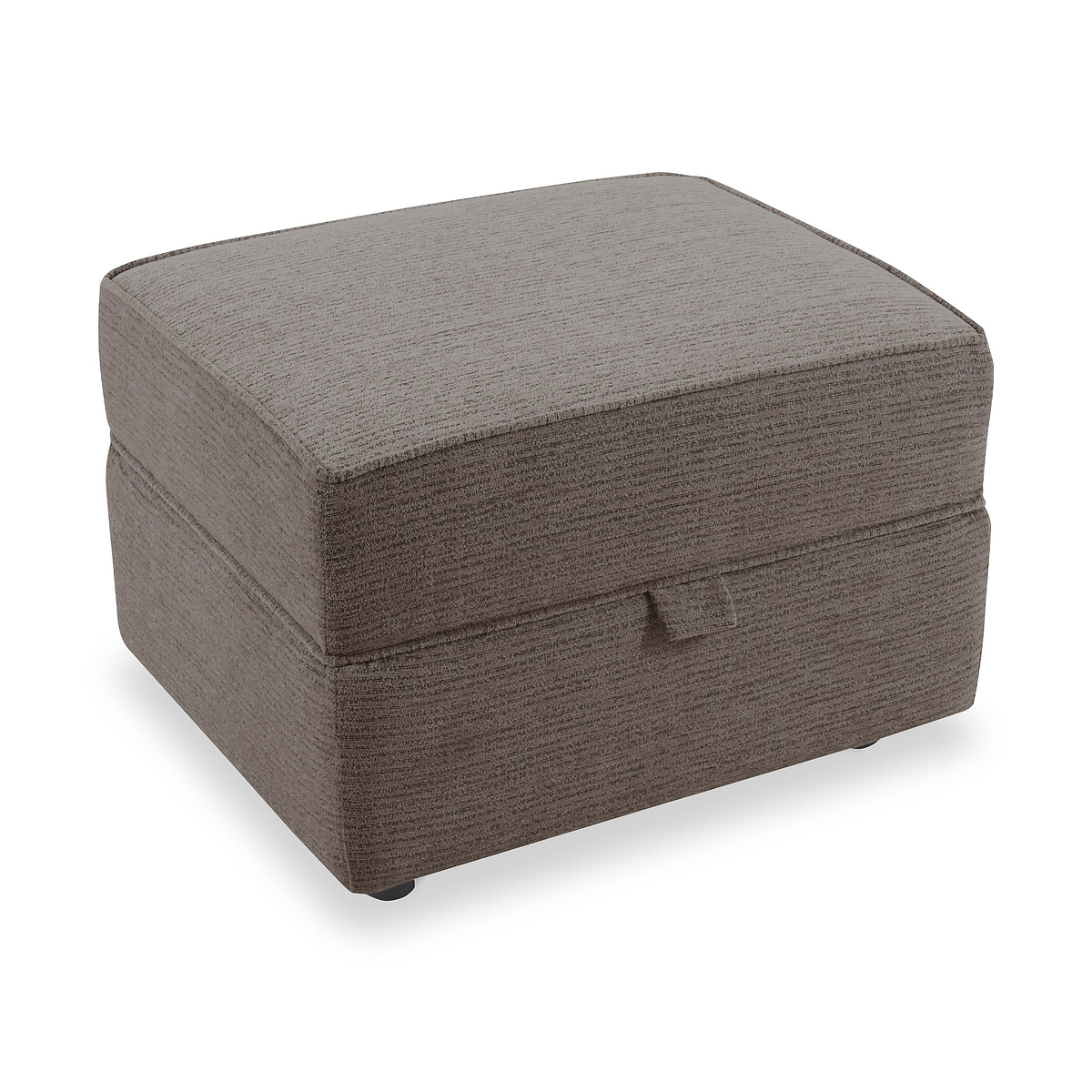 Thornby Storage Footstool Mink from Roseland Furniture positioned at an angle to display the black legs and the texture of the footstool