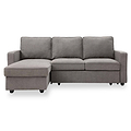A grey L-shaped sectional sofa with three back cushions and an extended chaise, standing against a white background.