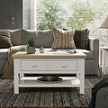 Farrow Coconut White Coffee Table with Washed Oak Top and metal handles from Roseland Furniture