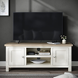 Farrow Coconut White with Washed Oak Top and metal handles 120cm TV Stand from Roseland Furniture