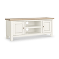 Farrow Coconut White with Washed Oak Top and wooden handles 120cm TV Stand from Roseland Furniture
