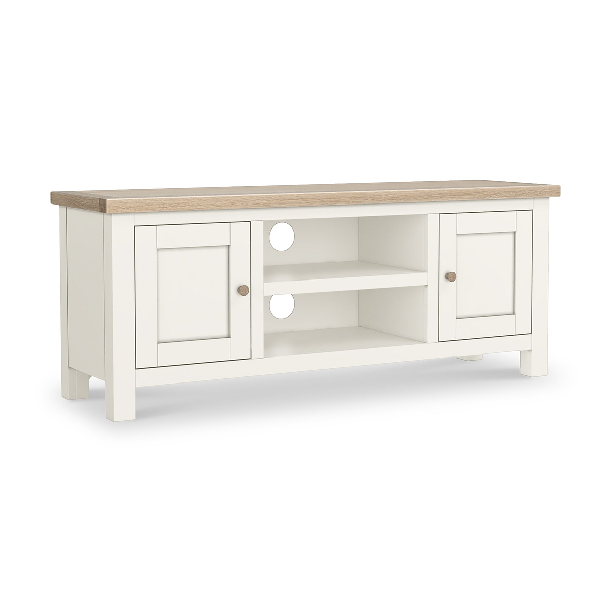 Farrow Coconut White with Washed Oak Top and wooden handles 120cm TV Stand from Roseland Furniture