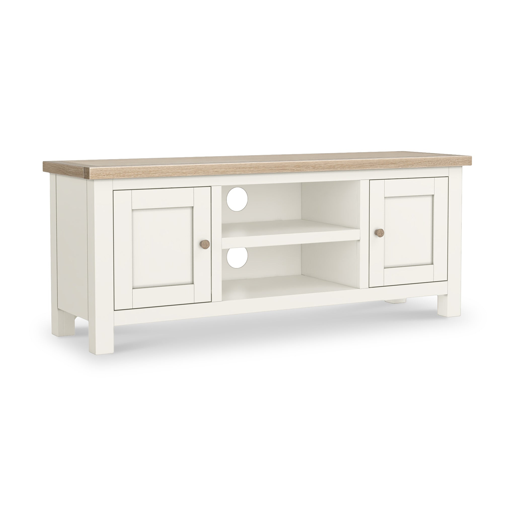 Farrow Coconut White with Washed Oak Top and wooden handles 120cm TV Stand from Roseland Furniture