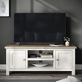 Farrow Coconut White with Washed Oak Top and wooden handles 120cm TV Stand from Roseland Furniture