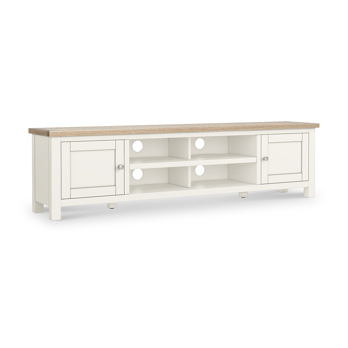 Farrow Coconut White 180cm Extra Wide TV Stand with metal handles from Roseland Furniture