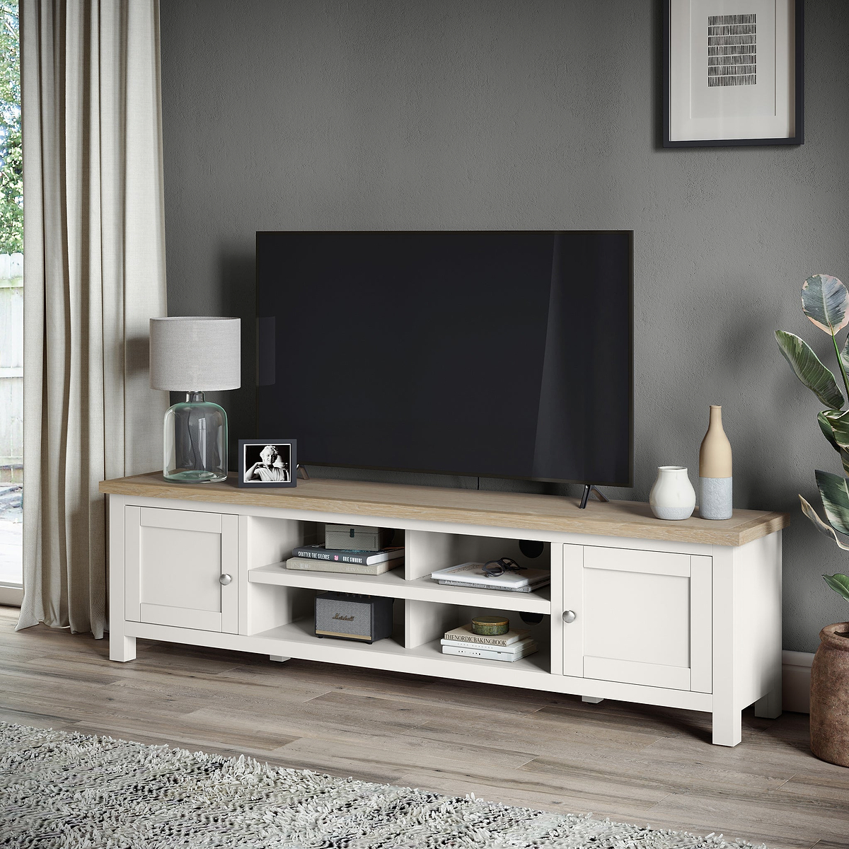 Farrow Coconut White 180cm Extra Wide TV Stand with metal handles from Roseland Furniture