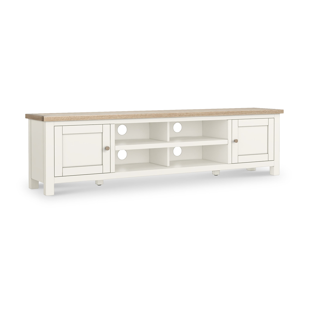 Farrow Coconut White 180cm Extra Wide TV Stand with wooden handles from Roseland Furniture