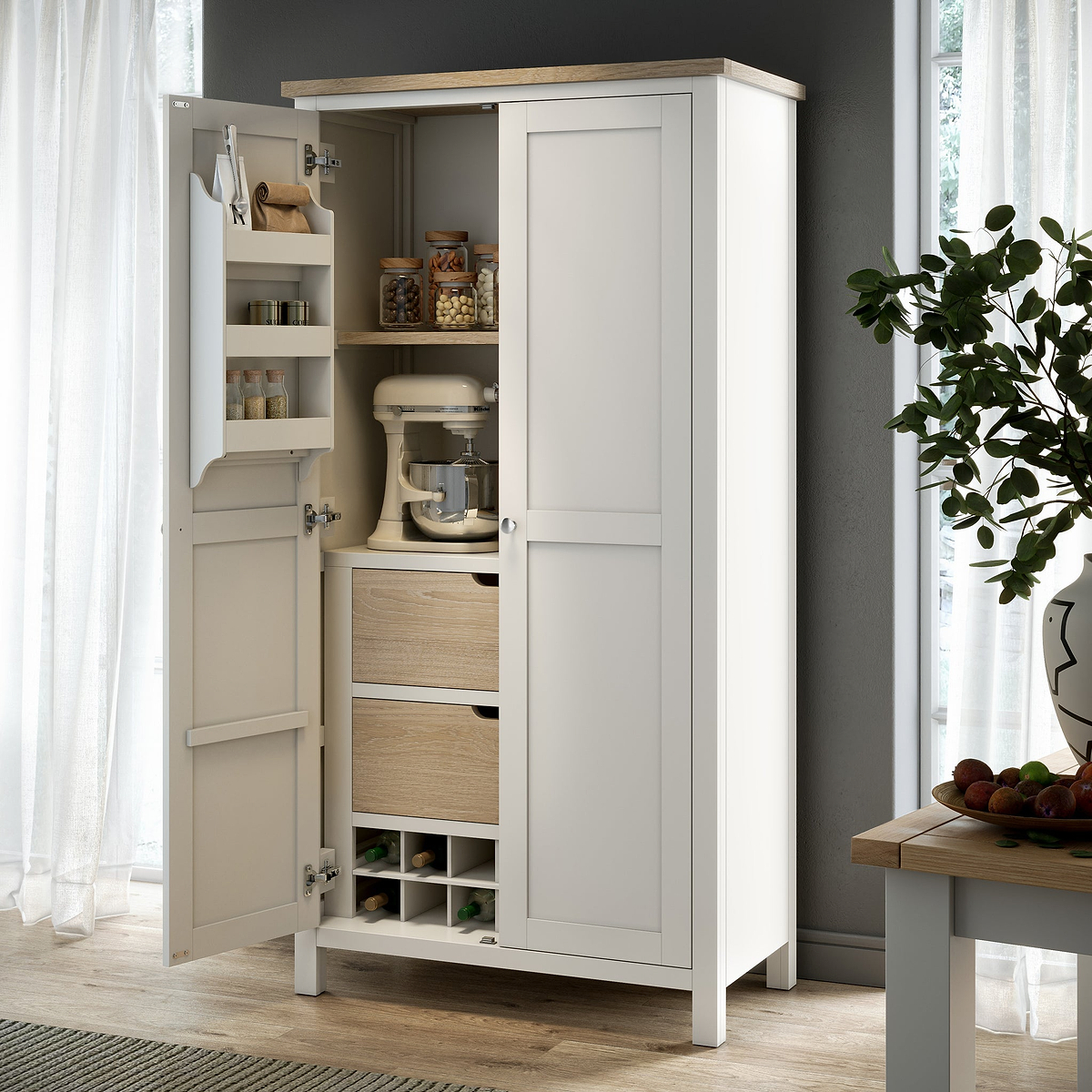 Farrow Coconut White Kitchen Larder Unit with washed oak top and metal handles from Roseland Furniture