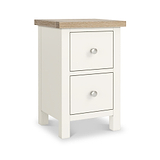 Farrow Coconut White Slim Bedside Table with Washed Oak Top and metal handles from Roseland Furniture