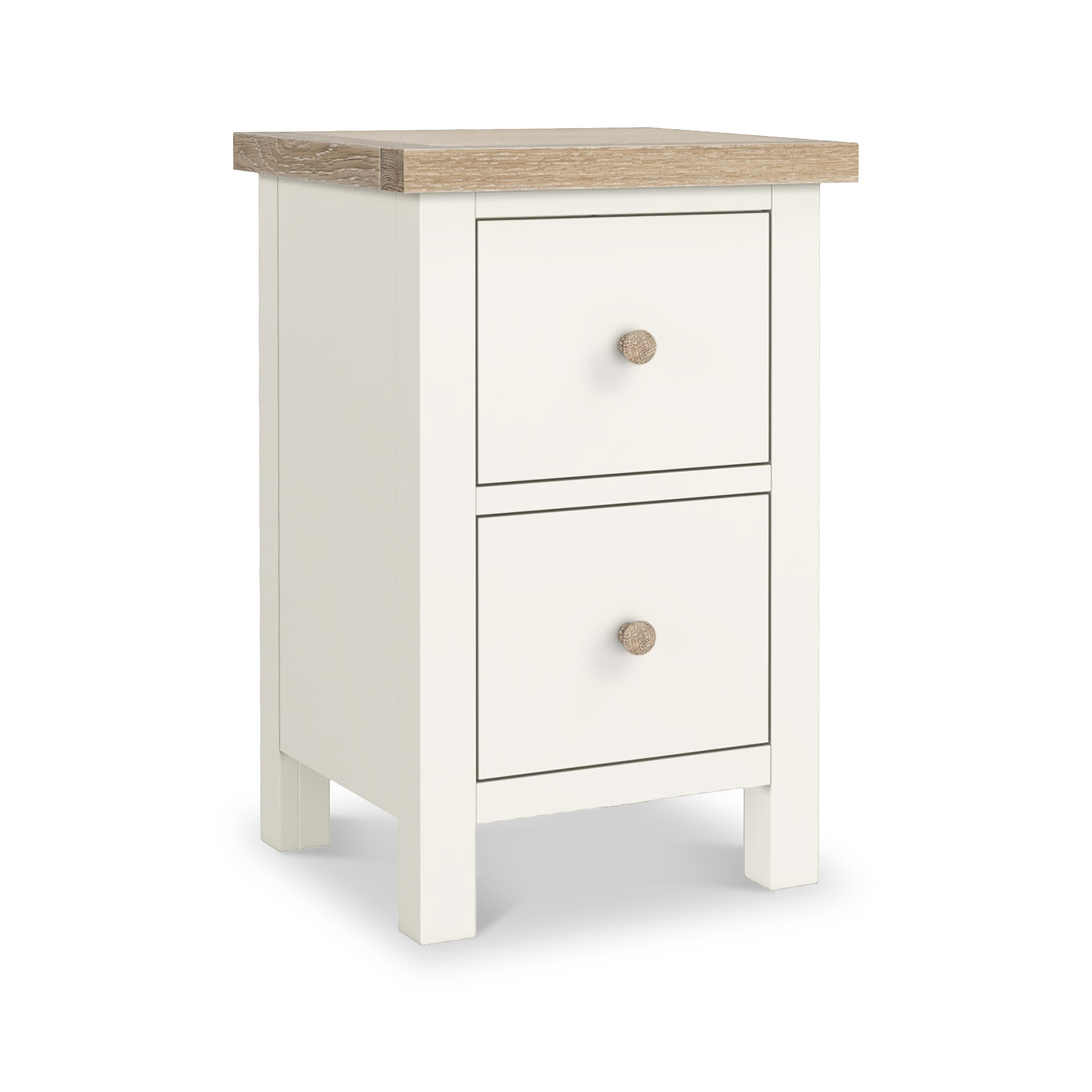 Farrow Coconut White Slim Bedside Table with Washed Oak Top and wooden handles from Roseland Furniture
