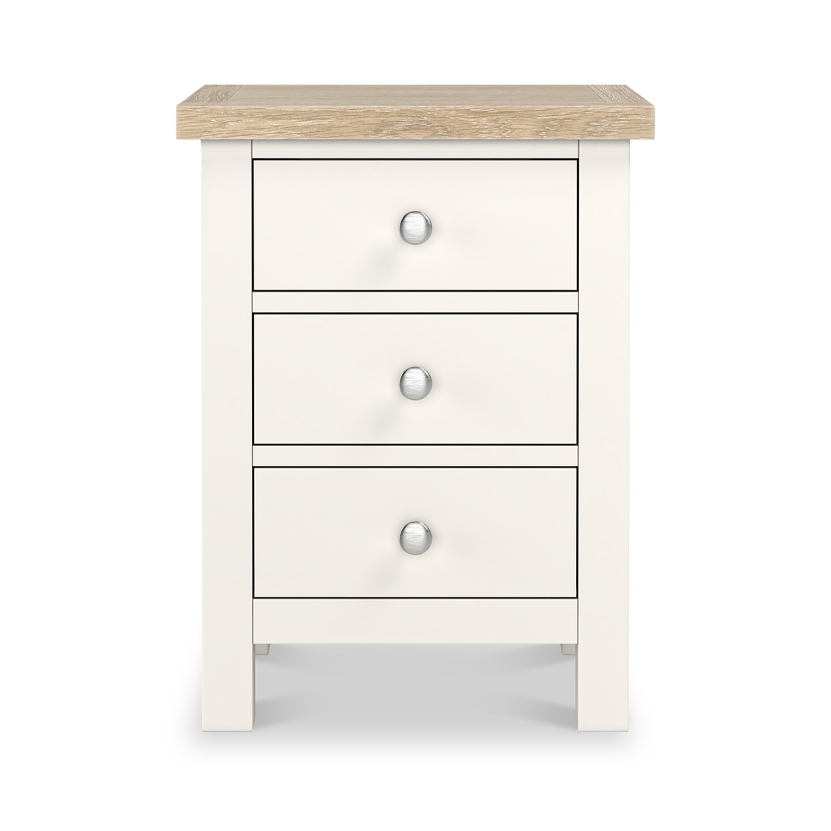 Farrow Coconut White Bedside Table from Roseland Furniture - Front view with silver handles
