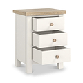 Farrow Coconut White Bedside Table from Roseland Furniture - drawers open and wooden handles