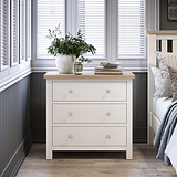 Farrow Coconut White 3 Drawer Chest with Washed Oak Top and metal handles from Roseland Furniture