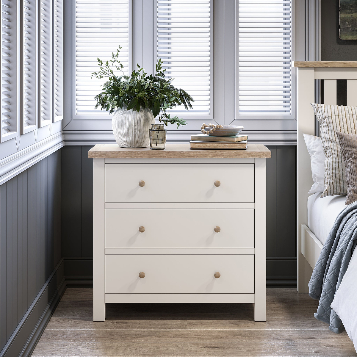 Farrow Coconut White 3 Drawer Chest with Washed Oak Top and wooden handles from Roseland Furniture