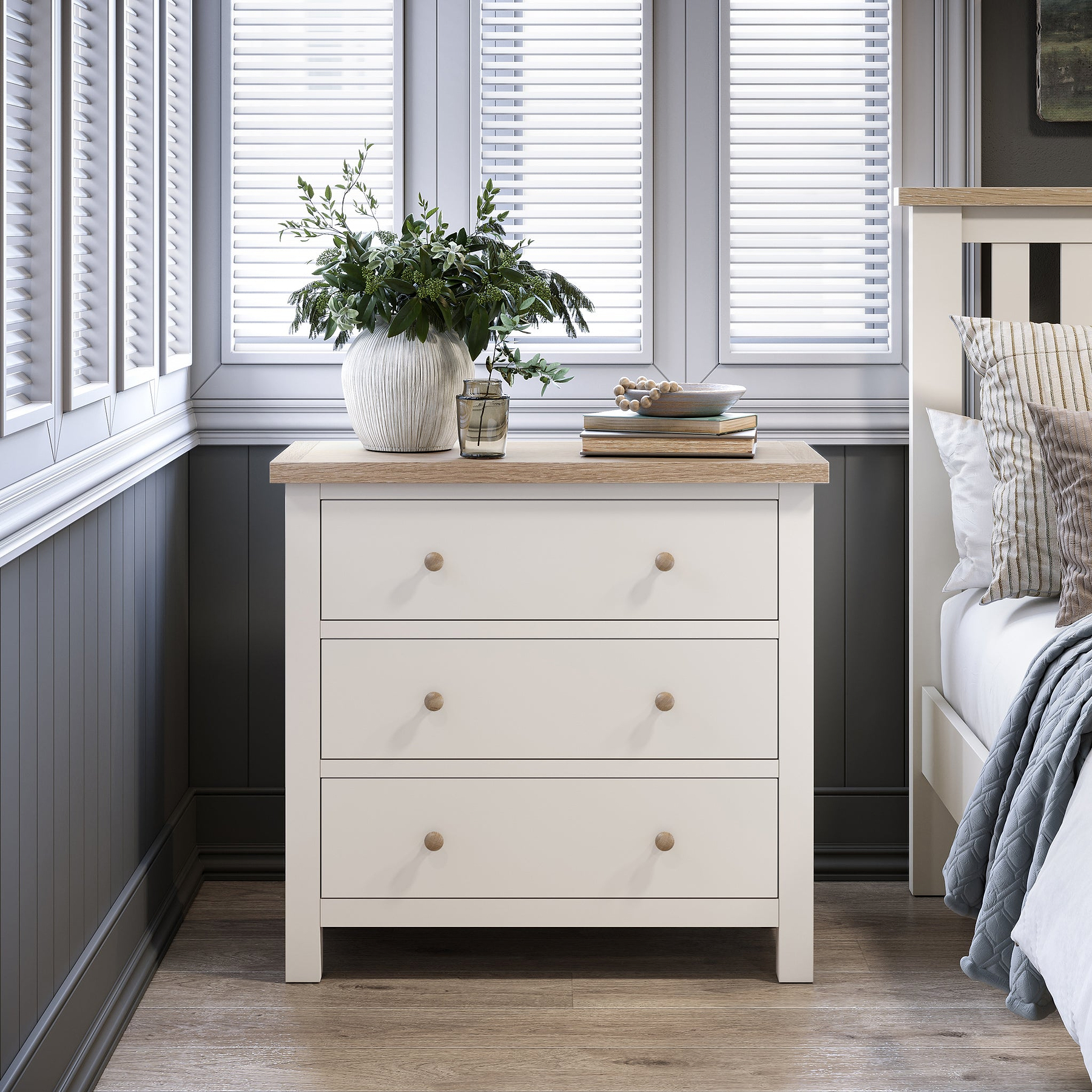Farrow Coconut White 3 Drawer Chest with Washed Oak Top and wooden handles from Roseland Furniture