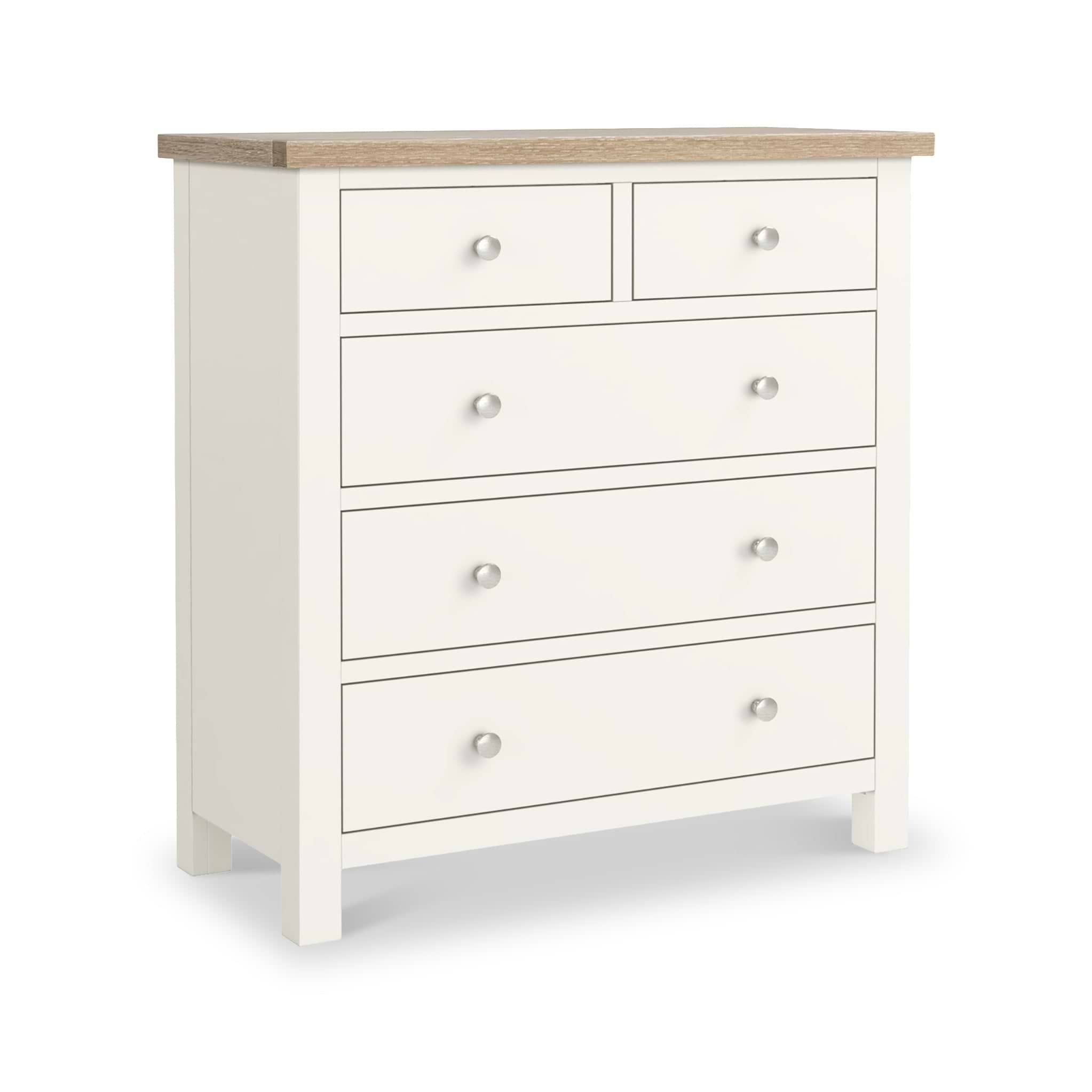 Farrow Coconut White Washed Oak 2 Over 3 Chest Of Drawers from Roseland Furniture - Angle View with silver handles
