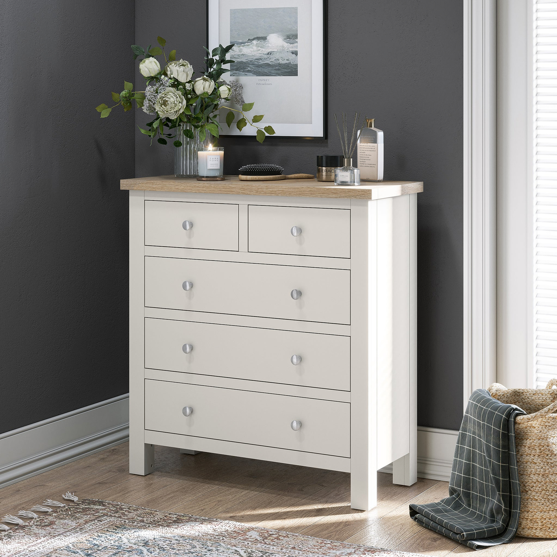 Farrow Coconut White Washed Oak 2 Over 3 Chest Of Drawers from Roseland Furniture - Lifestyle Shot