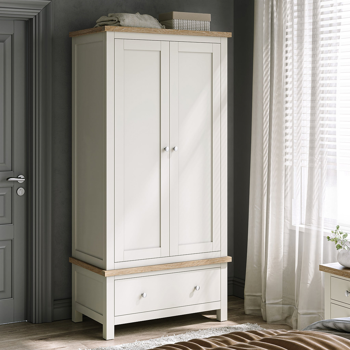 Farrow Coconut White Double Wardrobe with Drawers and metal handles from Roseland Furniture