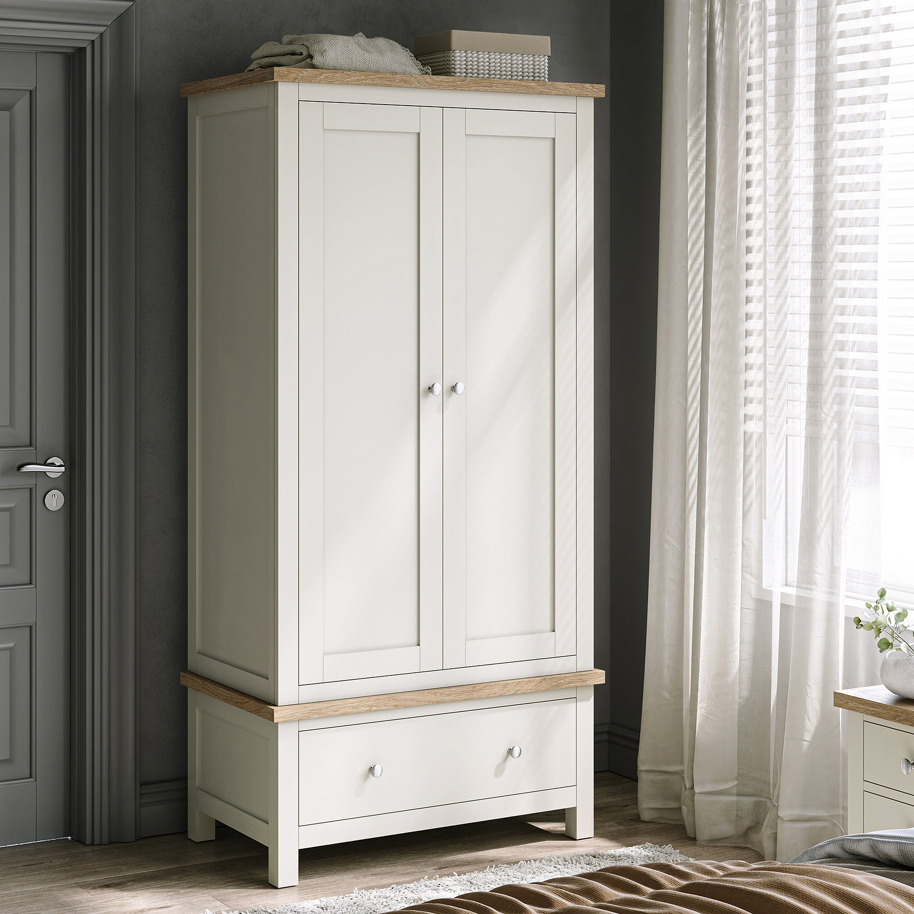 Farrow Coconut White Double Wardrobe with Drawers and metal handles from Roseland Furniture