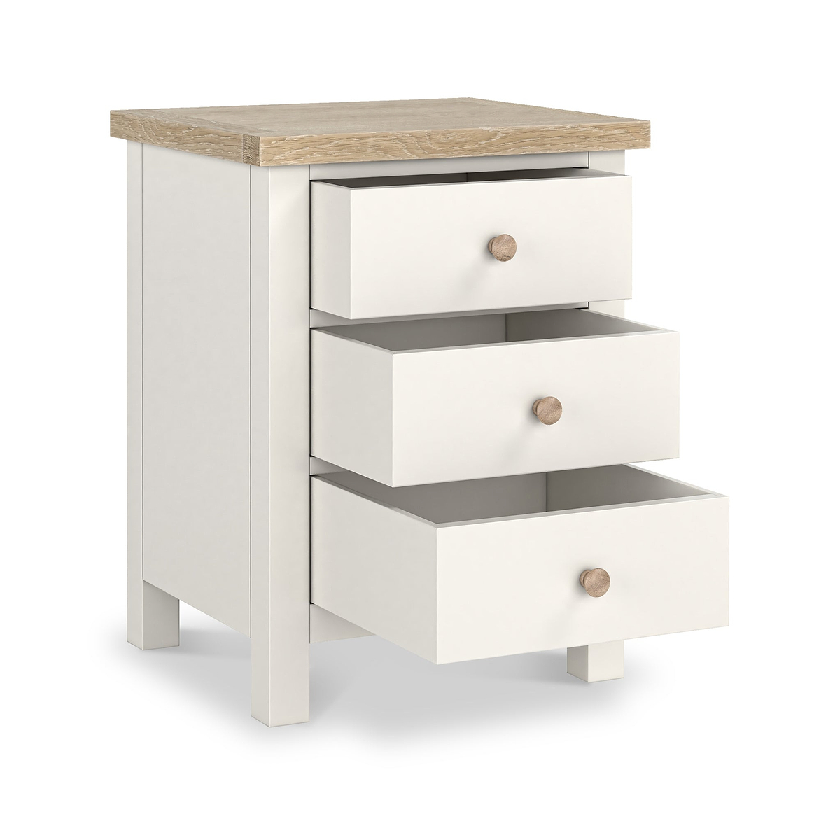 Farrow XL Coconut White Bedside Table  from Roseland Furniture - drawers open and wooden handles