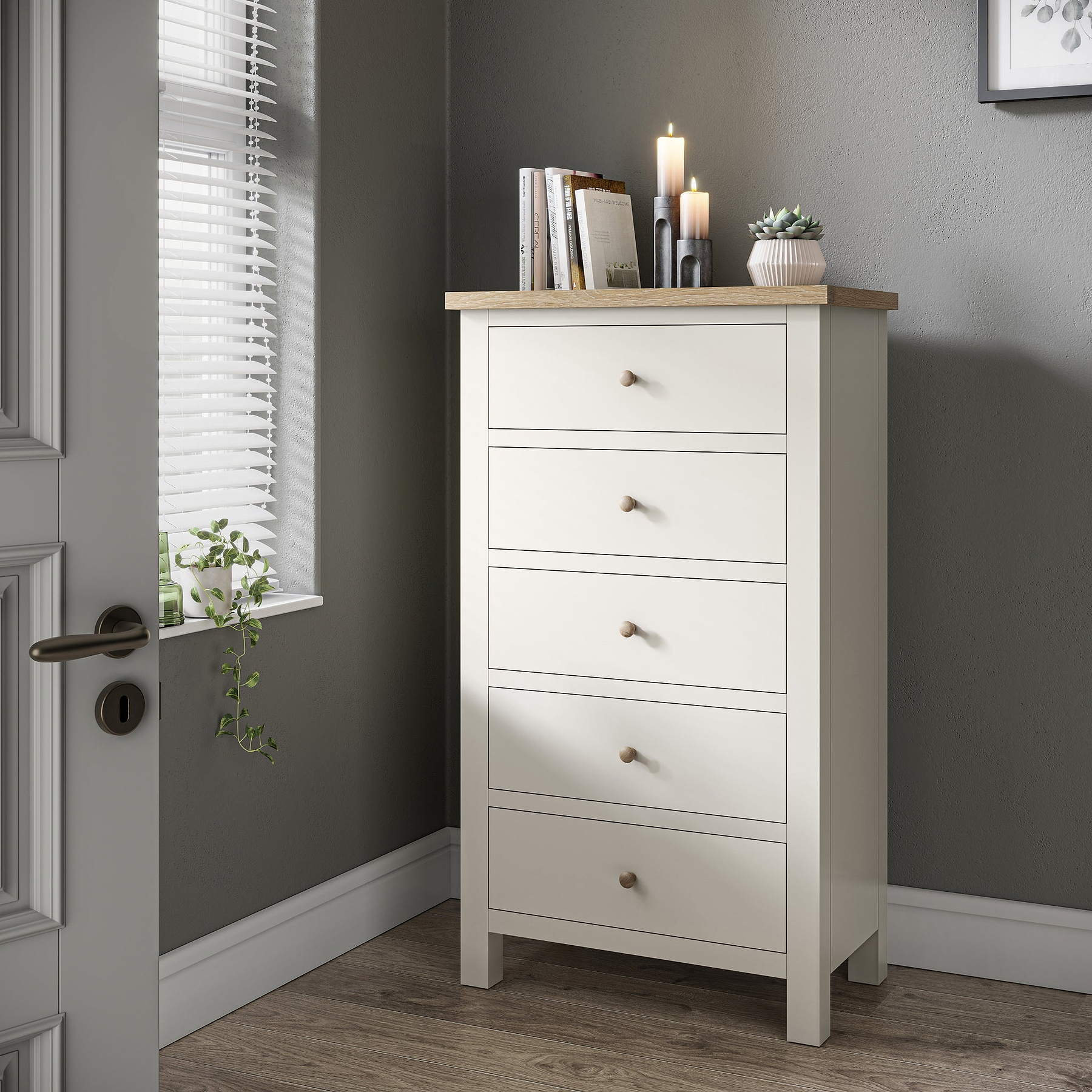 Farrow XL Coconut White 5 Drawer Tallboy Chest with wooden handles from Roseland Furniture