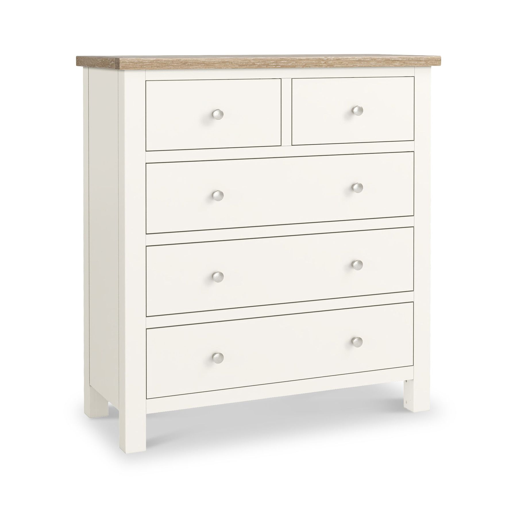 Farrow XL Washed Oak Coconut White 2 Over 3 Chest of Drawers from Roseland Furniture - Angle View with silver knobs