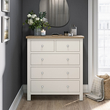 Farrow XL Washed Oak Coconut White 2 Over 3 Chest of Drawers from Roseland Furniture - Lifestyle Shot with silver knobs